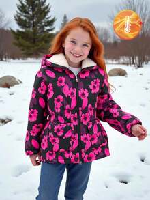 SHEIN Young Girls New Autumn/Winter Zip-Up Hooded Fashion Fleece Thick Digital Print Cute Sweet Cinched Waist Padded Coat, Winter Outerwear - Multicolor - View 3