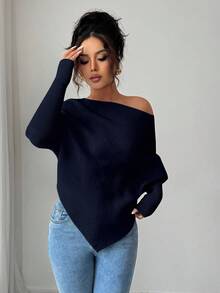 Elenzga Áo len dệt kim cổ tròn tay cánh dơi bất đối xứng dành cho nữ, đa năng cho kỳ nghỉ và ngày lễ, mùa xuân/thu/đông - Màu xanh hải quân - Xem 6