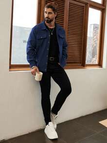 Manfinity Homme 男士长袖短款休闲针织外套，秋冬款，复古风格 - 藏蓝色 - 查看 3