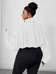 Maweii Plus Size Elegant Solid Color Pleated Lantern Sleeve Blouse, Autumn - White - View 6