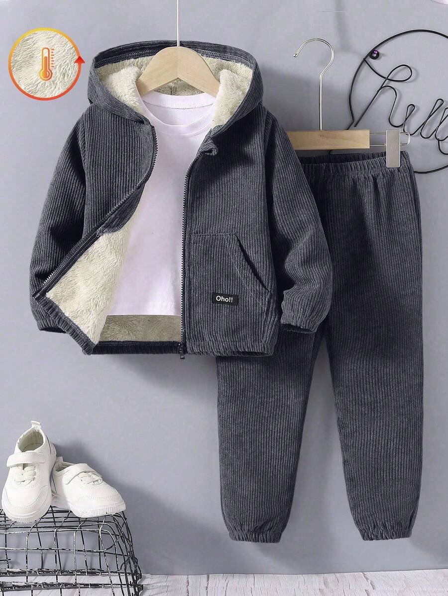 SHEIN Explorewe 2pcs/Set Jaket Hoodie Kasual Warna Polos untuk Anak Laki-Laki dengan Kantong & Celana Panjang Berlapis Termal dengan Tali Serut, Pakaian Musim Dingin Hangat untuk Musim Gugur - Dark Grey - View 1