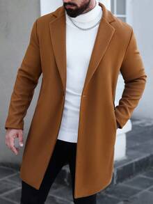 Manfinity CasualCool 男士纯色口袋和纽扣前长袖大衣，秋季外出大衣，适合送给朋友、丈夫、男朋友的礼物 - 卡其色 - 查看 5