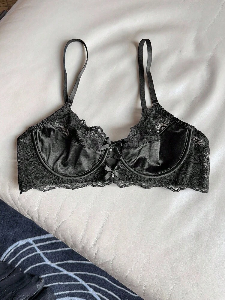Lace Patchwork Adjustable Spaghetti Strap Slightly Gathered Women Bra, Black Lingerie For Women