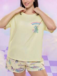 My Little Pony X SHEIN Plus Size Women Summer Casual Cute Cartoon Unicorn & Rainbow Letter Graphic Loose Fit Drop Shoulder Short Sleeve Top And Shorts Pajama Set Pajamas Set Summer For Women