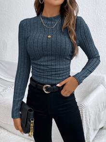 SHEIN Frenchy 女士休闲纯色罗纹针织褶皱T恤 - 藍色 - 查看 4