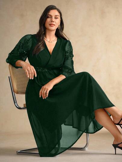 Flouryn 大码女式优雅 V 领亮片蕾丝拼接长袖、收腰 A 字型长款黑色雪纺超长连衣裙，适合派对、聚会