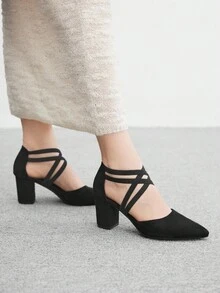 CUCCOO BIZCHIC Women's Fashion Black Elastic Strap Pointed Toe Chunky High Heel Pumps, Suitable For Commute, Date, Party, Wedding, Holiday For Christmas Spring Shoes - Black - View 5