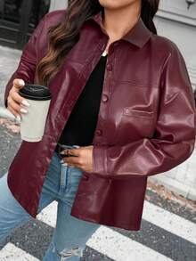 SHEIN LUNE Veste en PU à manches longues, style rock de rue décontracté, grande taille. Veste thermique pour l'automne et l'hiver, idéale pour les vacances - Rouge foncé - Voir 1