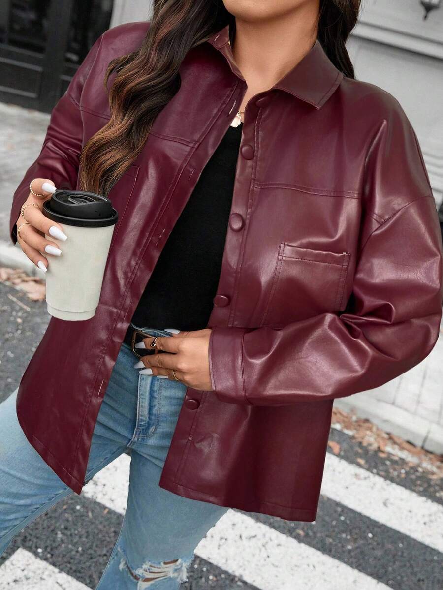 SHEIN LUNE Veste en PU à manches longues, style rock de rue décontracté, grande taille. Veste thermique pour l'automne et l'hiver, idéale pour les vacances - Rouge foncé - Voir 1