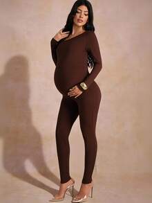 MaterniChic Maternity Asymmetric Collar Solid Color Casual Jumpsuit Maternity Rompers Pregnancy Clothes Maternity Jumpsuit Long Sleeve Maternity Jumpsuit  Baby Shower Maternity Elegant