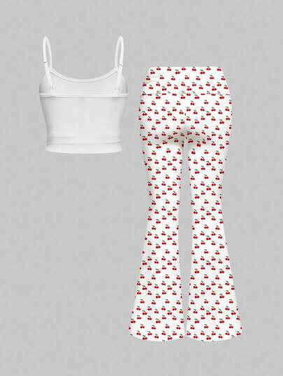 Kawaii 2 pièces/Set Femmes Débardeur Sexy à Imprimé Slogan Cerise et Feuille et Pantalon Évasé à Taille Basse