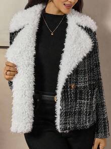 Zelara Plus Size Women Fuzzy Lapel Neck Long Sleeve Plaid Loose Casual Jacket, Autumn Winter Tweed Jacket Women Teddy Collar Tweed Jacket Plus Size Tweed Jacket Women For Women Casual Women's Winter Winter Women's Winter Jacket Going Out Tops Going Out Female Country Look Plaid Chic Women's Jacket Chic Blazer Women Autumn For Women Black Jacket Winter For Women Women's Winter Thanksgiving For Women - Black and White - View 4