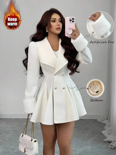 Elenzga Women's Mink Fur Cuff Collar Waist A-Line Elegant Everyday Commute Thick Woolen Coat