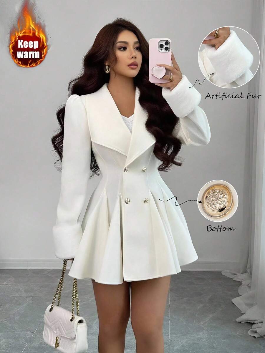 Elenzga Áo khoác len dày cổ tay bo gấu lông chồn dáng chữ A thanh lịch cho nữ đi làm hàng ngày - Màu be - Xem 1