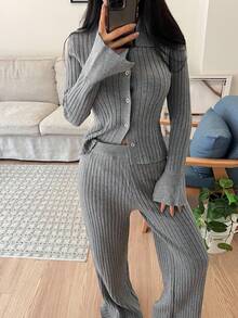 DAZY Women's Minimalist Ribbed Knit Loungewear Set, Autumn/Winter, Fall Clothes Pajama, Cozy Outfit - Grey - View 7