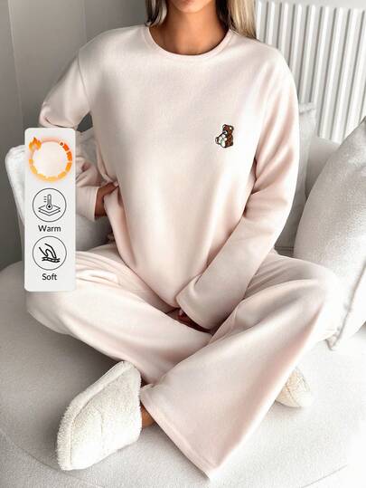 Set pigiama da casa con top a maniche lunghe e pantaloni, in tessuto pile polare con dettagli ricamati a forma di orsetto carino