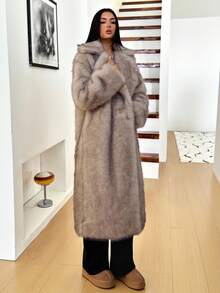 SHEIN Tall Women's Winter Stand Collar Long Sleeve With Pockets Long Elegant Fluffy Coat Long Fur Coat,Fall - Light Grey - View 3