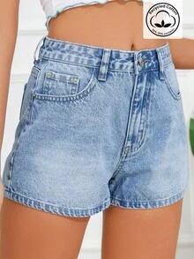 SHEIN Frenchy 夏季休闲水洗斜口袋牛仔短裤