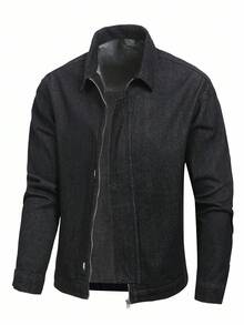 Manfinity Homme Men's Casual Commuter Zip-Up Denim Jacket, For Fall - Dark Wash - View 1
