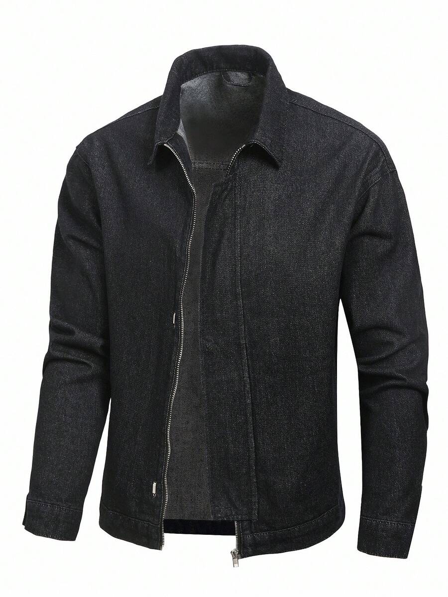 Manfinity Homme Men's Casual Commuter Zip-Up Denim Jacket, For Fall - Dark Wash - View 1