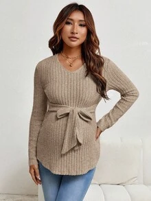 SHEIN Maternity Solid Color V-Neck Long Sleeve Knotted Waist Casual T-Shirt Women Sweaters Pullover For Women Brown Sweater Coffee Brown Top Maternity Clothes Fall Winter - Khaki - View 5