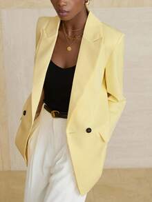 Aveloria Modichic Jaket Blazer Wanita Gaya Bisnis Warna Polos Kancing Ganda untuk Perjalanan Sehari-hari, Musim Gugur - Kuning - View 3