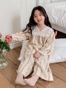 DAZY 女童碎花V领撞色拼接喇叭袖上衣和阔腿裤宽松睡衣套装，秋/春假期 - 杏色 - 查看 9