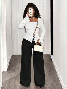 BamGleam Áo thun nữ tay dài dáng ôm, viền lệch thanh lịch, họa tiết xiên mới thu đông - trắng - Xem 6