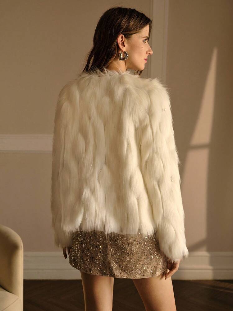 ELEGANT FAUX PEARL & RHINESTONE FLOWER DECOR LUXURY FAUX FUR JACKET