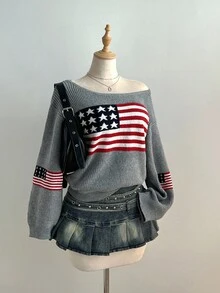 Elamini 女士休闲国旗图案提花针织毛衣，秋冬