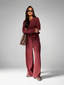 MISSGUIDED 柔软触感酒红色纽扣两件套长袖露脐上衣搭配阔腿裤，休闲家居服，秋冬皆宜 - 鏽棕色 - 查看 4