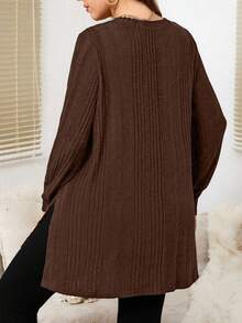 EMERY ROSE Plus Size Casual Solid Color Side Slit T-Shirt, Autumn Fall - Brown - View 2