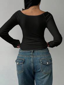 SHEIN BASICS Casual Minimalist Ribbed Wide Neck Women Long Sleeve T-Shirt, Versatile, Base Layer, Autumn/Winter,Black Tops - Black - View 2