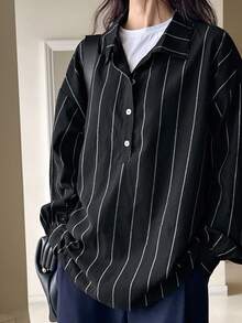 DAZY 女式条纹宽松半襟长袖校服衬衫秋季 - 黑色 - 查看 2