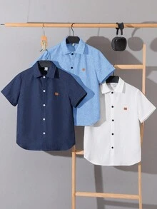 3 Pieces Set Tween Boys' Casual Loose Fit Stand Collar Applique Woven Short Sleeve Shirts, Suitable For School, Gatherings, Evenings, And Outings - Baby Blue - View 2