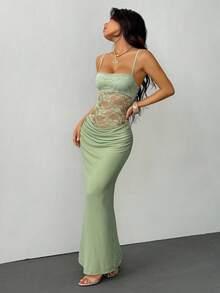 SHEIN PETITE Váy ren xuyên thấu cho nữ, trang phục dự tiệc gợi cảm, trang phục hẹn hò và lễ hội, phù hợp cho mùa thu và mùa đông, có thể dùng làm lớp lót bên trong - màu xanh lá - Xem 5