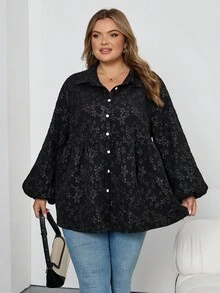 SHEIN CURVE+ Chemise décontractée à manches lanternes, à fleurs jacquard, à simple boutonnage, pour femmes grandes tailles