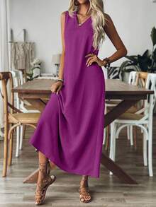 SHEIN LUNE CURVE Gaun Panjang Minimalis untuk Wanita Ukuran Plus - Purple - View 6
