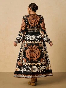 SHEIN VCAY 大码秋季服装全印花褶皱豹纹长袖连衣裙/秋季连衣裙/秋季女装秋季婚礼宾客连衣裙优雅女士连衣裙商务休闲女士工作连衣裙商务连衣裙 - 彩色 - 查看 2