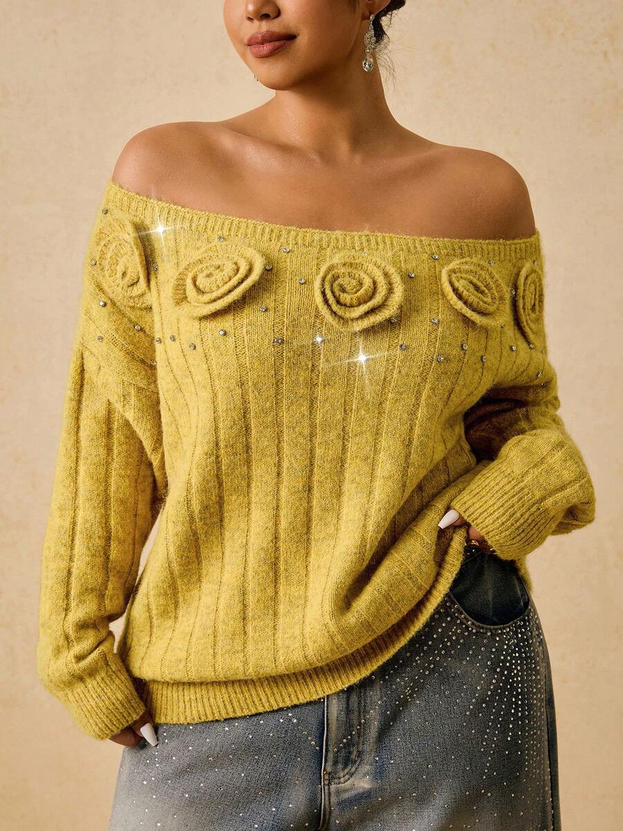 Travachic Plus Size Elegant 3D Floral Rhinestone Decor Cold Shoulder Sweater Autumn Winter - Yellow - View 1