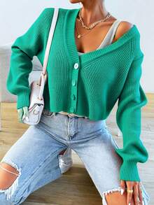 SHEIN Cottnline Single Breasted Ribbed Knit Cardigan - Dark Green - View 4