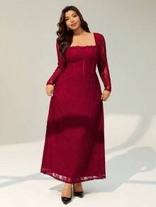 Auralis Christmas Plus-Size Ladies Elegant Dress, Wine Red Dress, Elegant Party Women, Prom Dress, New Year Party Dress, Wedding, Ladies And New Party Date Party Sexy S-Shaped Lace Long Sleeve Breast Cup Fishbone Square Collar Tight-Fitting Hip Black Super Long Dress, Lace Dress, Plus Size Red Dress Curve Elegant Dress Spring - Burgundy - View 4
