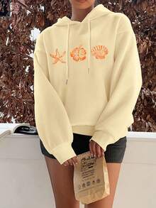 Attitoon 休闲简约贝壳印花图案，复古海洋风，宽松套头卫衣，适合秋冬季节，长袖上衣，适合海滩、音乐节、度假休闲等场合，迈阿密女孩风格。 - 杏色 - 查看 4