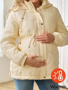 SHEIN Maternity Solid Color Long Sleeve Drawstring Waist Zipper Front Casual Hooded Winter Jacket - Beige - View 5