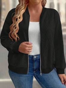 SHEIN CURVE+ Chaqueta con cremallera de talla grande para mujer, de unicolor, con textura 3D cómoda, ropa de exterior casual para primavera, otoño e invierno