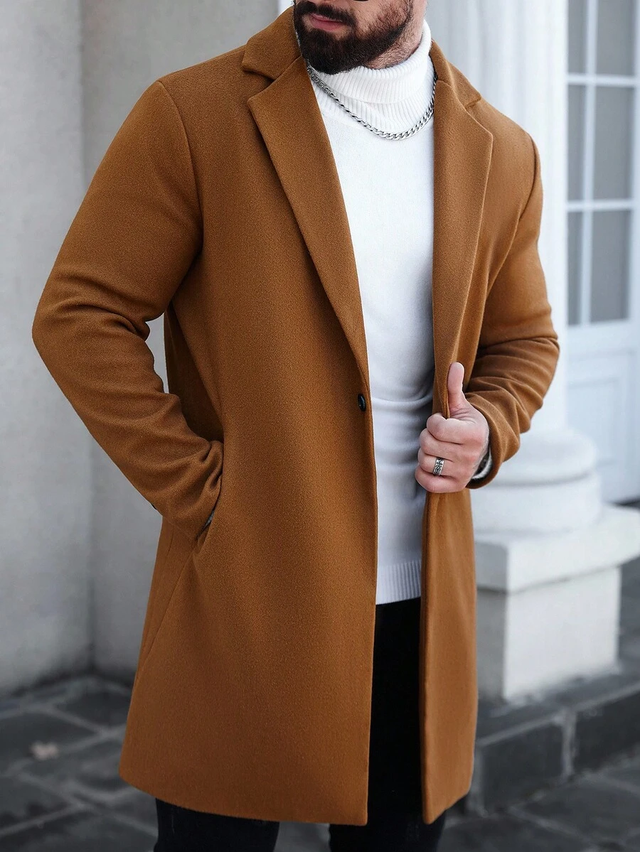 Manfinity CasualCool 男士纯色口袋和纽扣前长袖大衣，秋季外出大衣，适合送给朋友、丈夫、男朋友的礼物 - 卡其色 - 查看 1