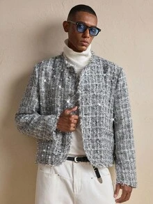 AKNOTIC Business Casual AKNOTIC Men's Plaid Tweed Pearl Decor Jacket, Christmas Party & Business Casual Outerwear, Autumn/Winter, Boyfriend/Friend Gift, Holiday