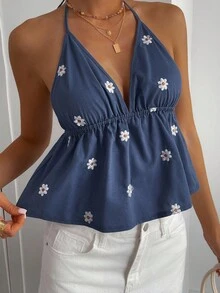 DAZY Women's Summer Vacation Floral Embroidery All-Over Print Spaghetti Strap Casual Tank Top