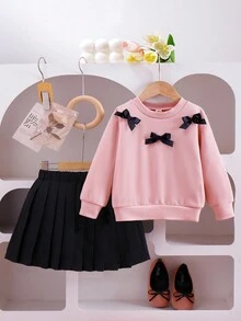 SHEIN Elladie kids 少女 2件組可愛長袖羅紋針織套頭衛衣上衣，附蝴蝶結裝飾與百褶裙套裝，甜美春季秋季服飾 - 粉色 - 查看 3