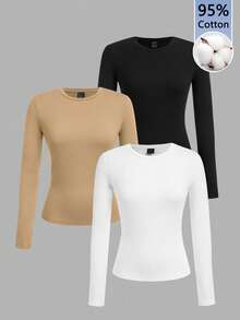 Tseoso Bộ 3 áo thun dài tay ôm dáng màu đen trắng, thích hợp cho mùa thu đông, 95% cotton - Nhiều màu - Xem 2